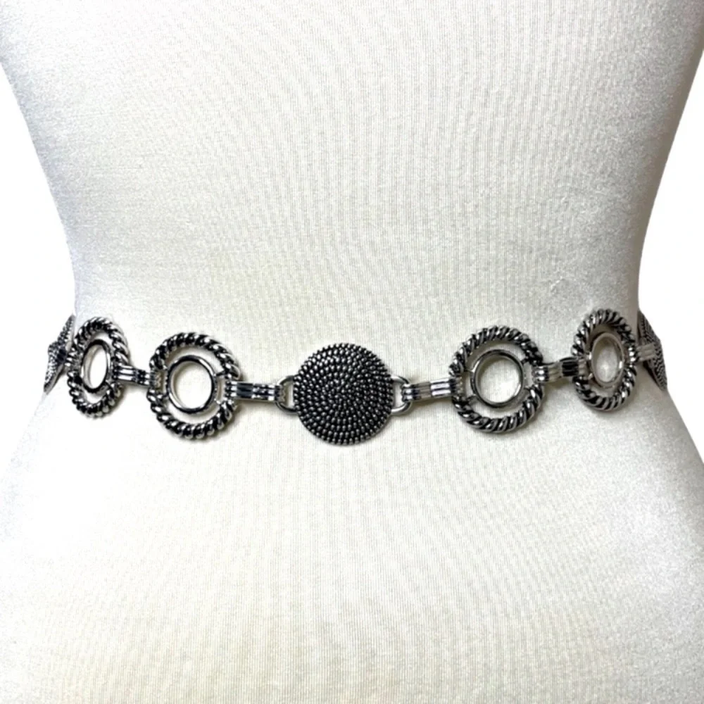 Vintage Silver Chain Link Belt Studded Ornate Filigree Boho Western Festival